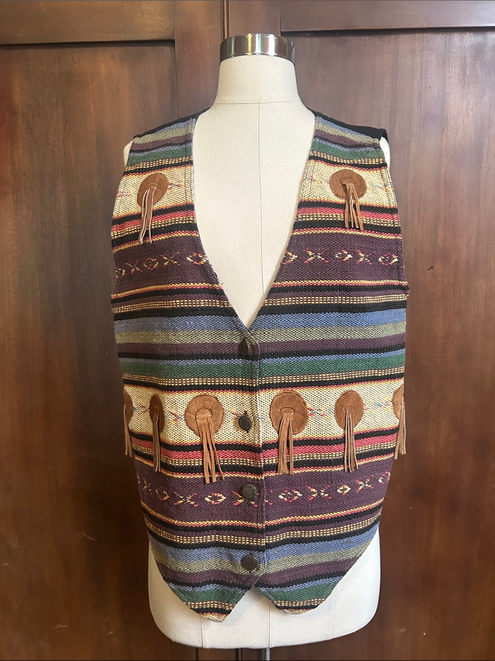 Vintage Tapestry Western Vest with Leather Conchos